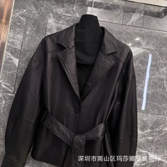 25秋冬新款真皮皮衣绵羊皮腰带款女士小翻领皮夹克黑色韩版皮草