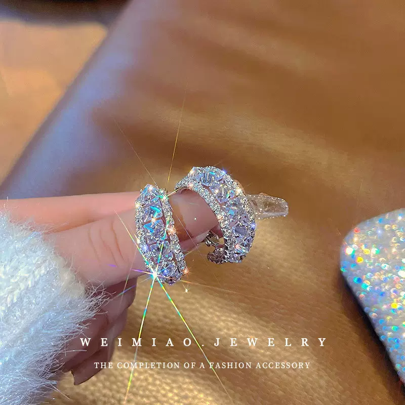 银针C形镶钻锆石几何C形耳环轻奢小众设计感耳圈个性气质高级耳饰