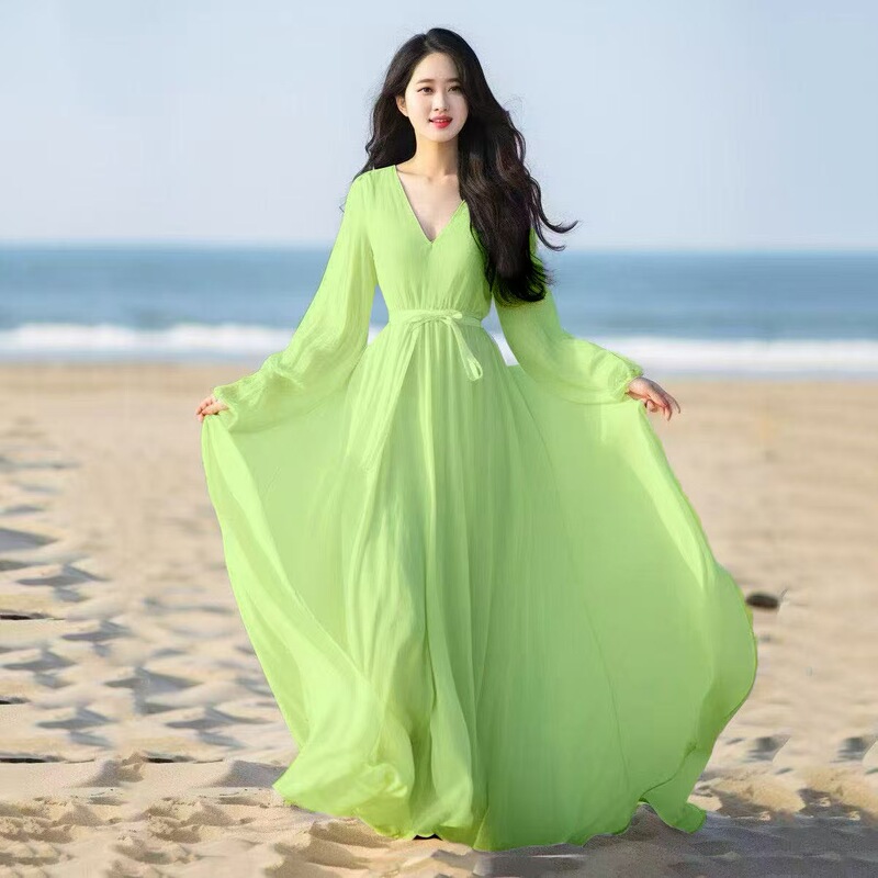 Beach Dress White Chiffon Dress for Women Spring and Summer New Style Sanya Seaside Vacation Elegant Super Fairy Long Skirt with Large Hem