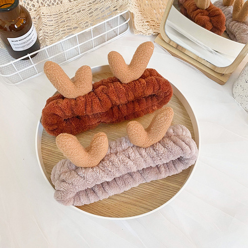 Direct Supply from Manufacturer Korean Version Lady Face Cleansing Bun Headband Cute Soft and Adorable Antler Hair Band Flannel Head Scarf Hair Accessory