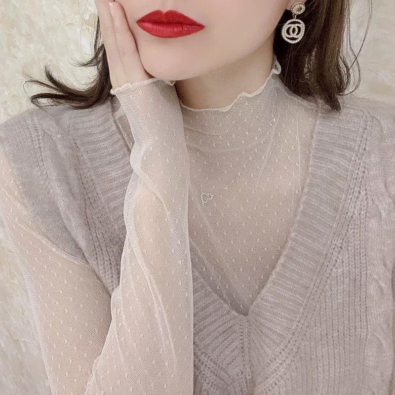 Марля и нижняя рубашка с полувысоким воротником прозрачная черная кружева с высоким воротником