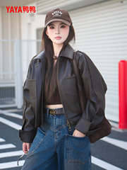 鸭鸭2025秋新款皮羽绒服时尚复古琥珀流光咖啡色皮衣高级感外套女