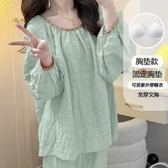 国风睡衣女春秋长袖长裤云朵棉带胸垫花边圆领家居服套装