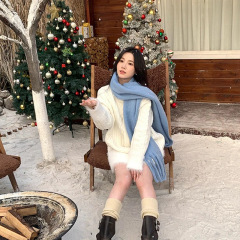 纯色围巾女雾霾蓝围巾女冬季蓬松拉毛加厚学生显白学生保暖围脖