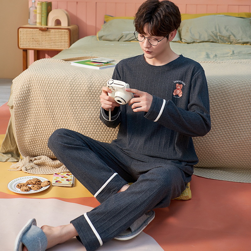 Jiao Caimeng pijamas de los hombres de primavera y otoño de algodón de manga larga traje de dos piezas más el tamaño suelto de los hombres jóvenes ropa de casa casual