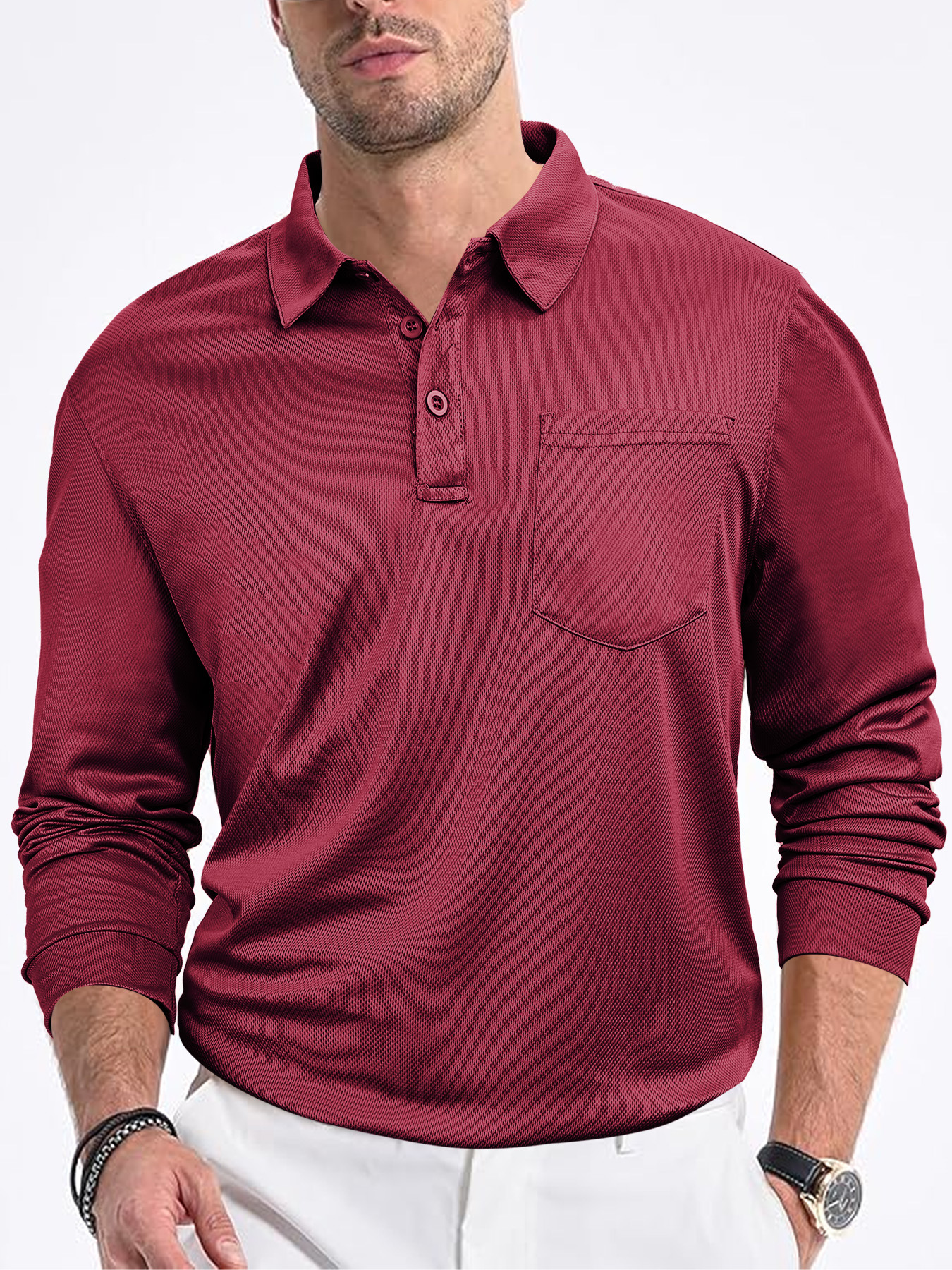 Transfronterizo Europa y América ropa de hombre casual botones sueltos collar de tela de malla de manga larga de color sólido camisa polo de hombre