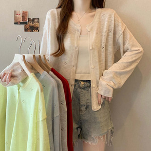 2025 Summer Hollow Single-Breasted Breathable Sunscreen Knitted Cardigan Plus Size Loose Versatile Cover-Up Top