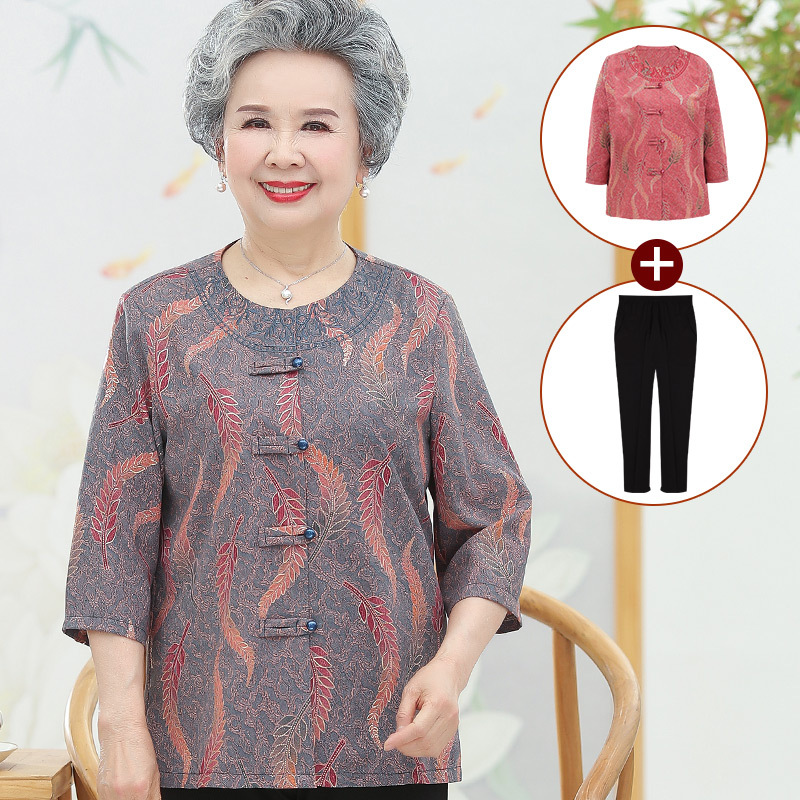 中老年人春装女套装妈妈夏装两件套奶奶绣花衬衫唐装老太太衣服60|ru