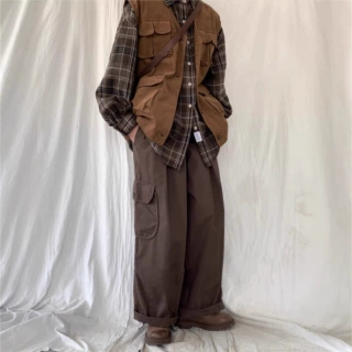 百搭日系复古工装阔腿裤大口袋卷边百搭秋季男款直筒宽松休闲裤子