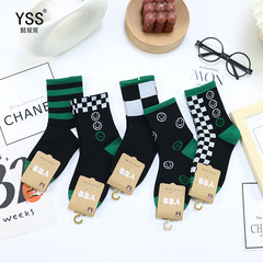 兒童襪子懿雙雙秋冬新款韓版棋盤格中筒襪精梳棉東大門笑臉運動襪