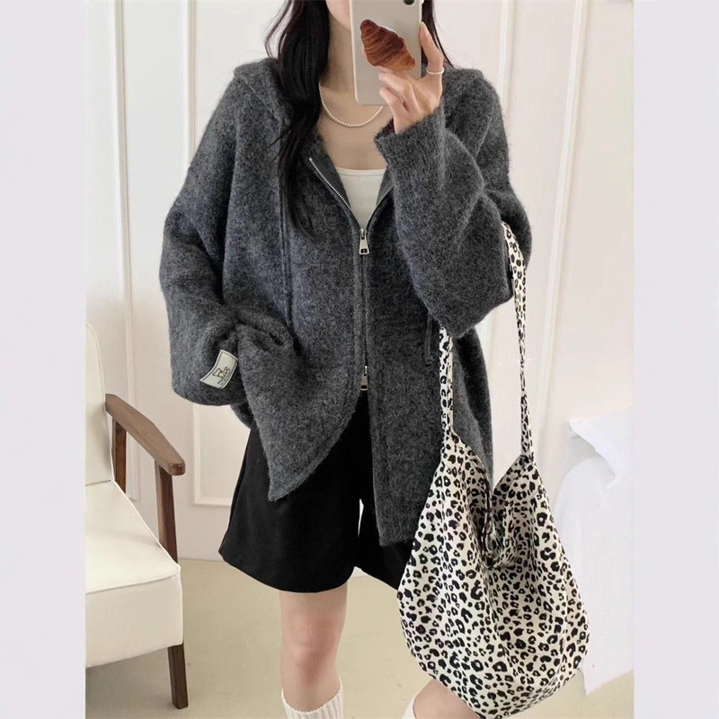 毛衣开衫外套女秋冬软糯连帽拉链新款宽松慵懒风加厚休闲针织上衣|undefined
