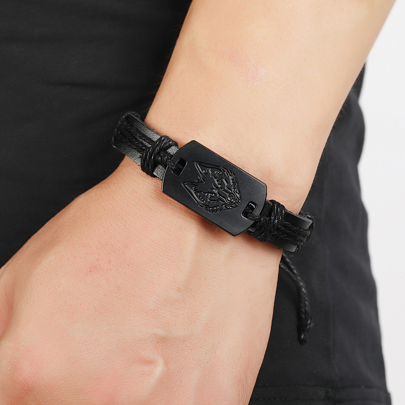 punk style menu0027s leather bracelet black wolf head multi-layer braided bracelet