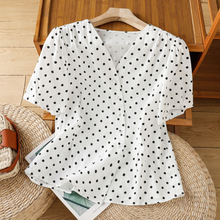 实拍夏季波点小衫捏褶收腰显瘦V领气质短袖开衫韩系斜扣洋气衬衫