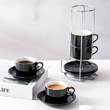 跨境白色陶瓷咖啡杯碟套装可叠咖啡杯4件套带架子水杯批发可logo