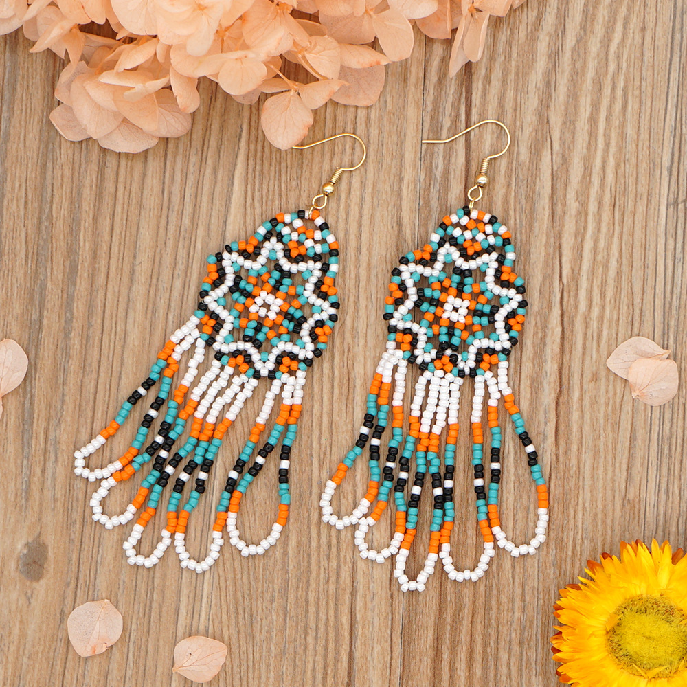 Retro Flower Glass Beaded Tassel Women's Drop Earrings 1 Pair display picture 1