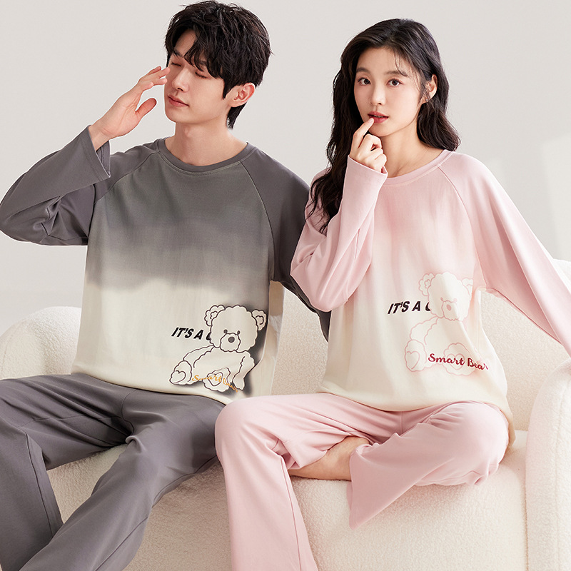 Couple's Pajamas Spring and Autumn Simple Fashion Imitation Cotton Long Sleeve Outer Wearing Cautionary Style Men's and Women's Autumn and Winter Home Clothes suit