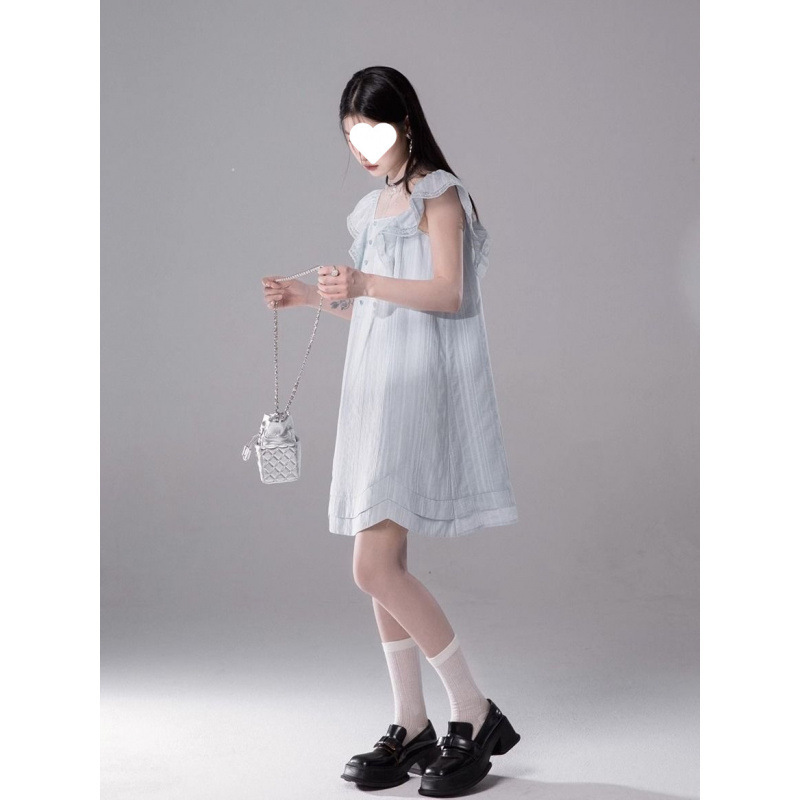 フレンチクールブルーレース織り小飛袖ドレス女性の夏の新しいスタイル小柄な痩身スカート|undefined