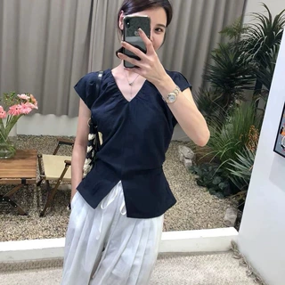 法式轻熟风V领短袖T恤女夏季2025新款小众设计感开叉收腰显瘦上衣
