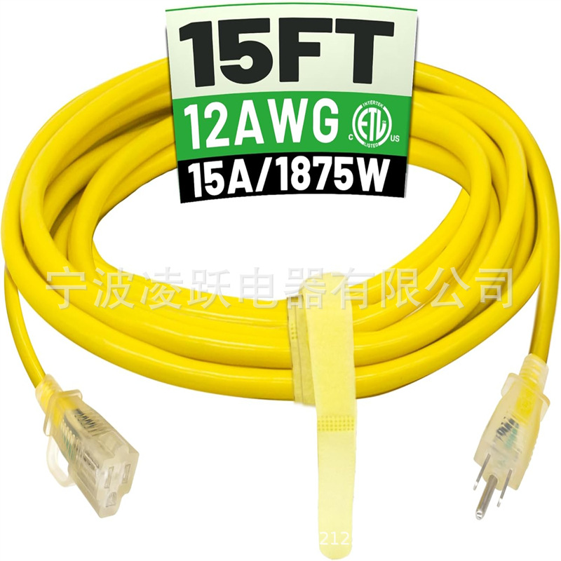 POWGRN 15 英尺 12/3 户外延长线防水重型带照明指示灯端