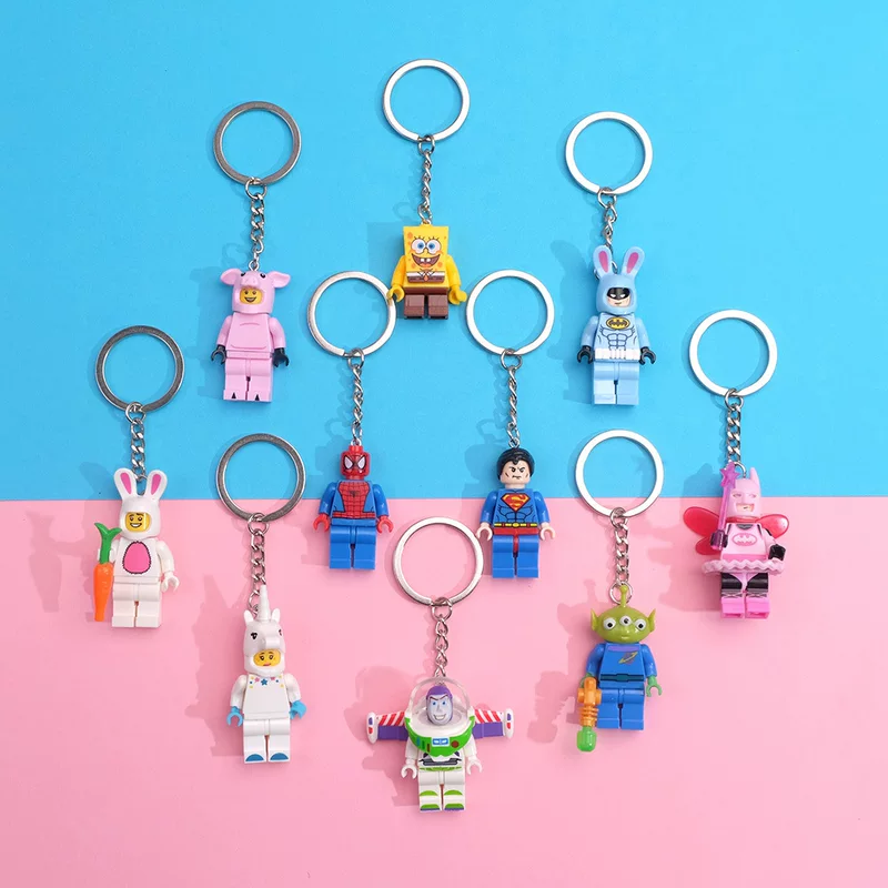 Keychain constructor pendant, cute character mini-figure keyring, plastic, assorted designs