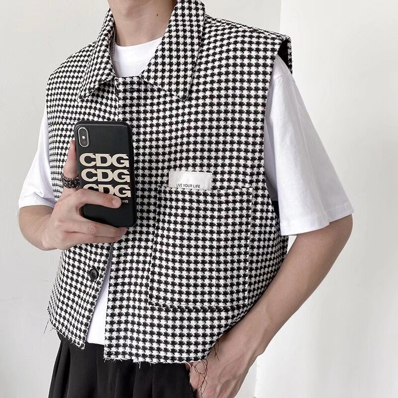 2026 retro plaid vest jacket for men, summer loose trendy cool short vest top, single piece 2026 retro plaid vest jacket for men, summer loose trendy cool short vest top, single piece