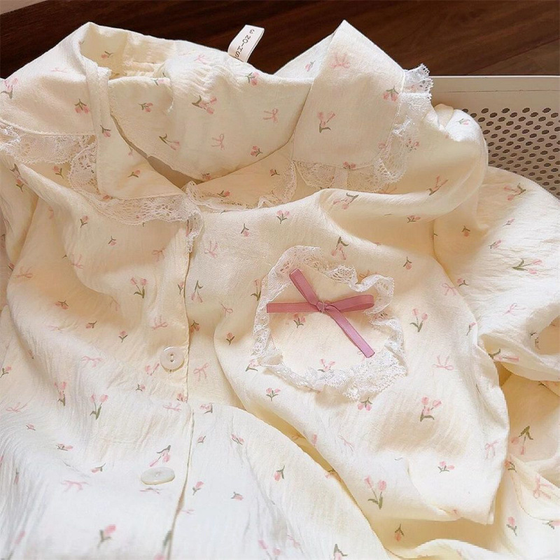 Girls' Pajamas Spring and Autumn New Style Plain Elegant Flower Clouds Cotton Thin Small Cute Lace Long Sleeve Trousers Home Clothes