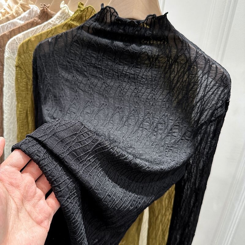 European-style black lace camisole, women's spring sweater, sheer mesh inner layer, thin knit top, half-high collar