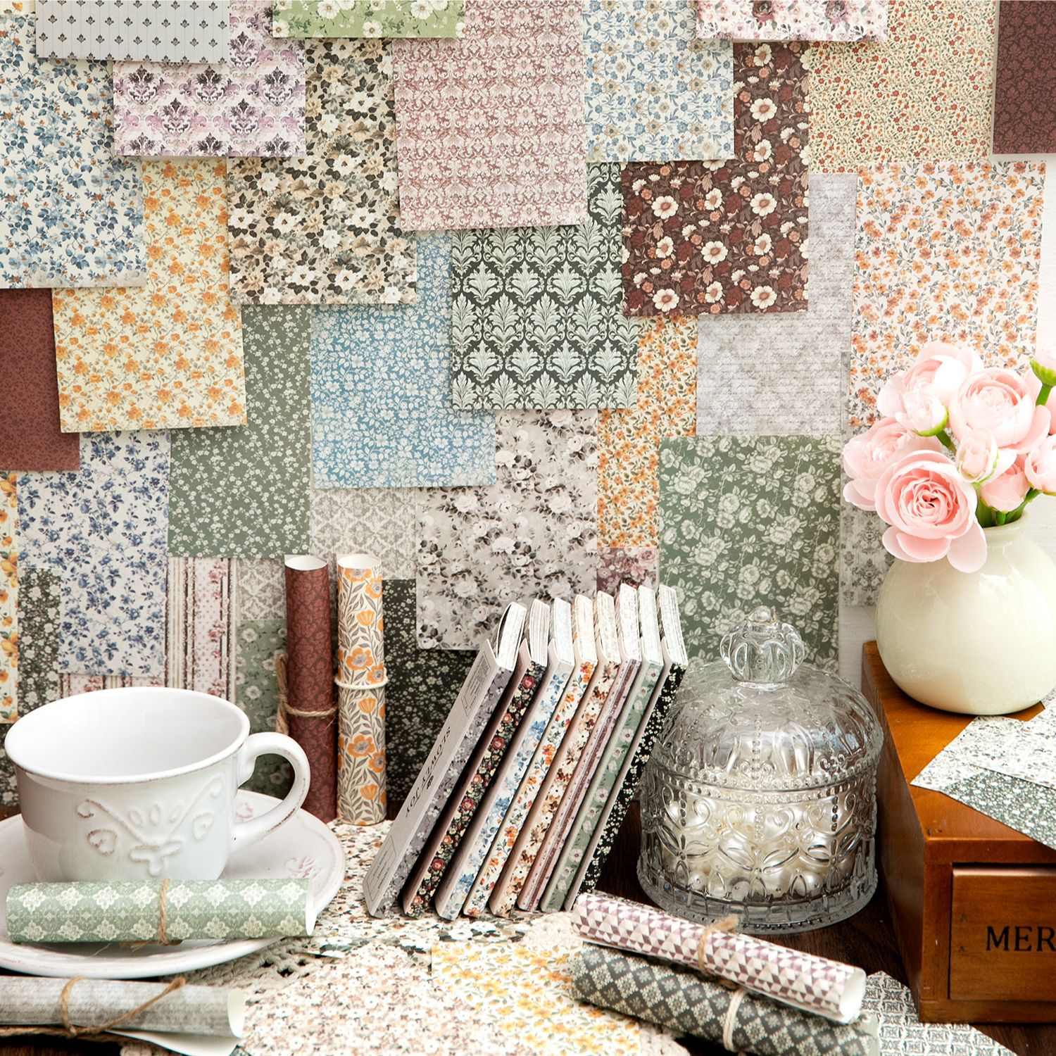 El papel de material retro ligero se regocija lentamente, el libro de material de decoración de collage de papel de contabilidad manual floral transfronterizo