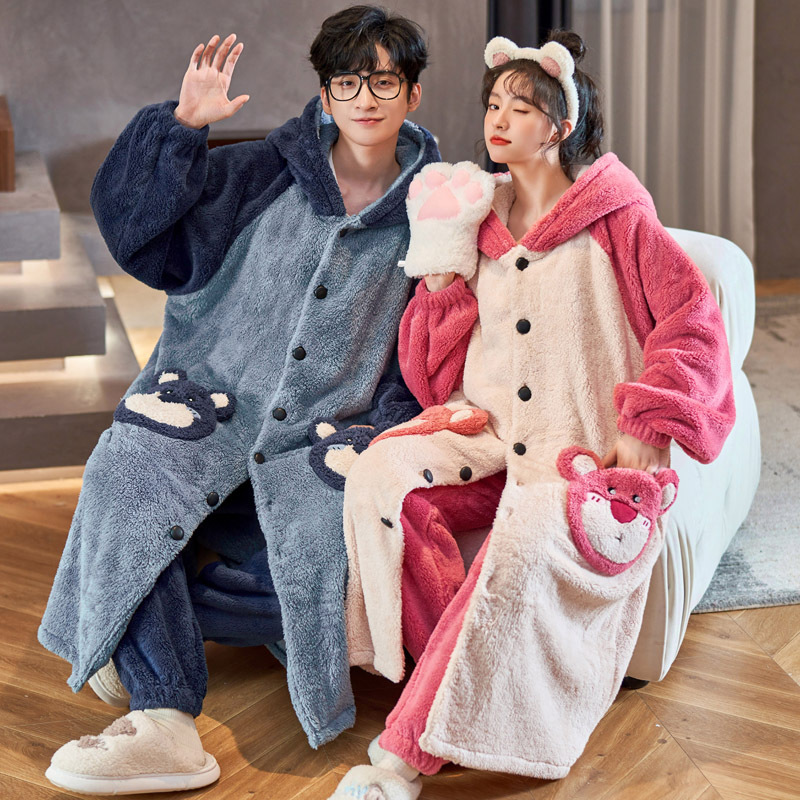 カップル用パジャマ 冬用 コーラルフリース 厚手 秋冬用 男女兼用 裏起毛セット 冬用ナイトガウン ホームウェア