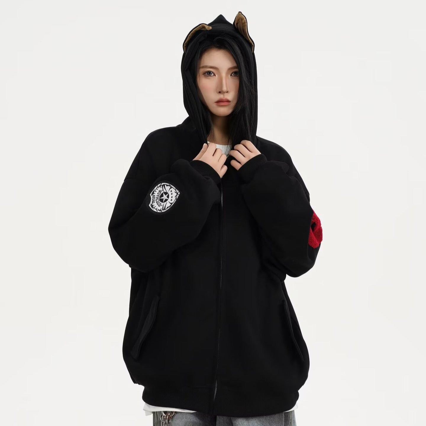 跨境外贸美式重磅工装杜宾犬春秋款式开衫连帽卫衣男情侣上衣外套