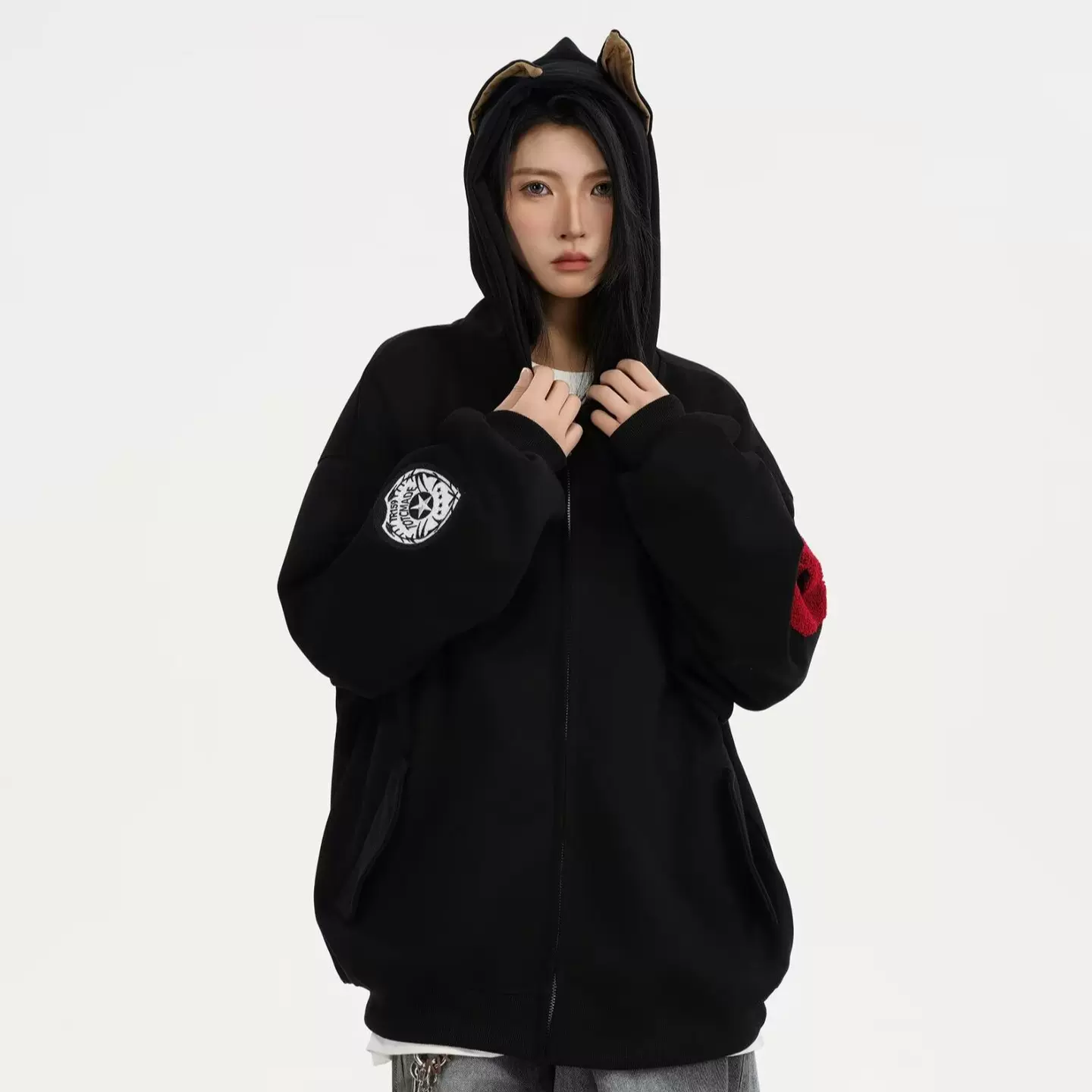 跨境外贸美式重磅工装杜宾犬春秋款式开衫连帽卫衣男情侣上衣外套