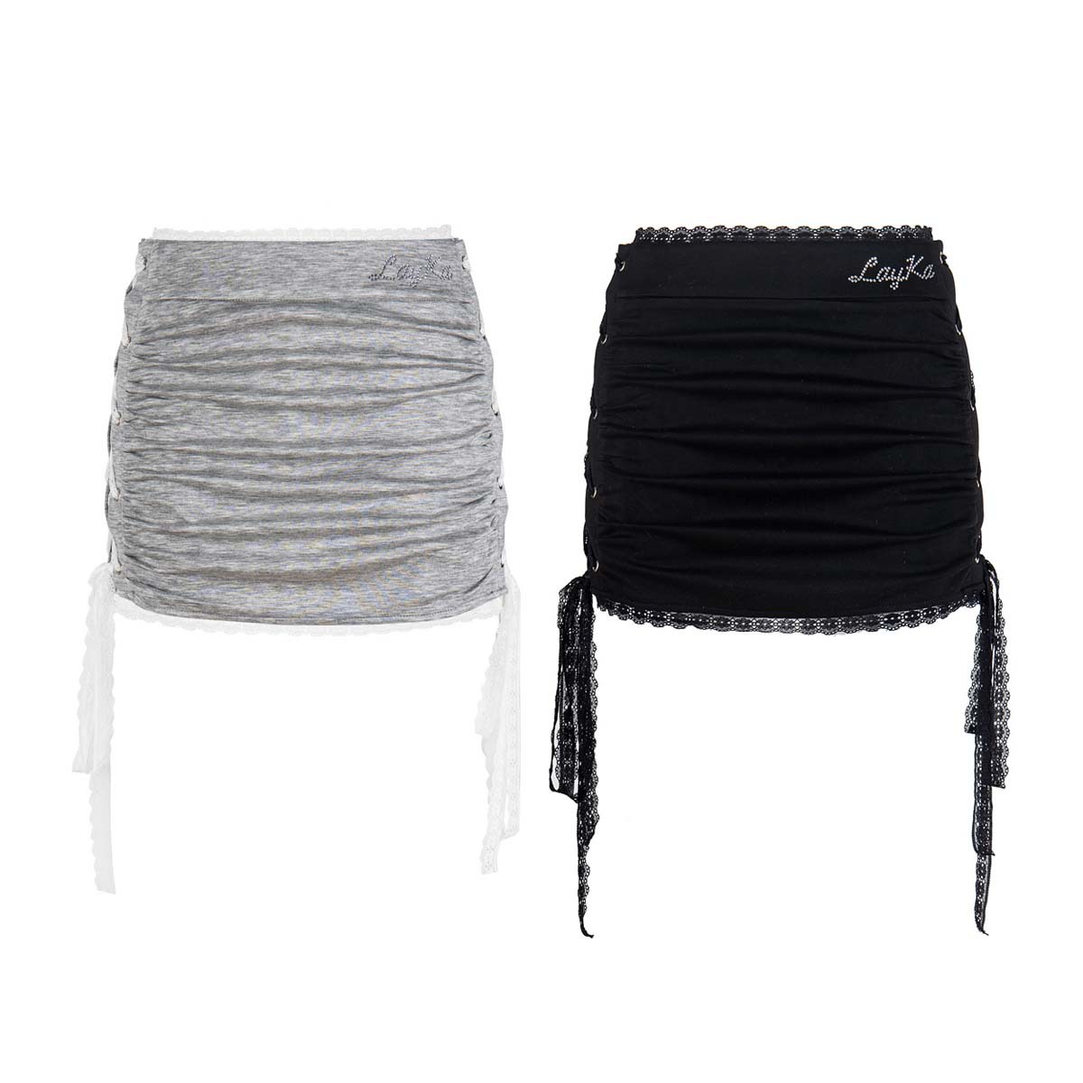 UNBDNS Hot Girl Lace-Patchwork Mini Skirt in Grey, Skinny Pleated Lace-Up Skirt for Women, Summer