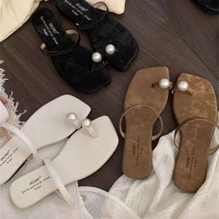 Niche Fashion Summer Sandals with Pearl Flat Versatile Women's Roman Flip-Flops Gentle Fairy Style