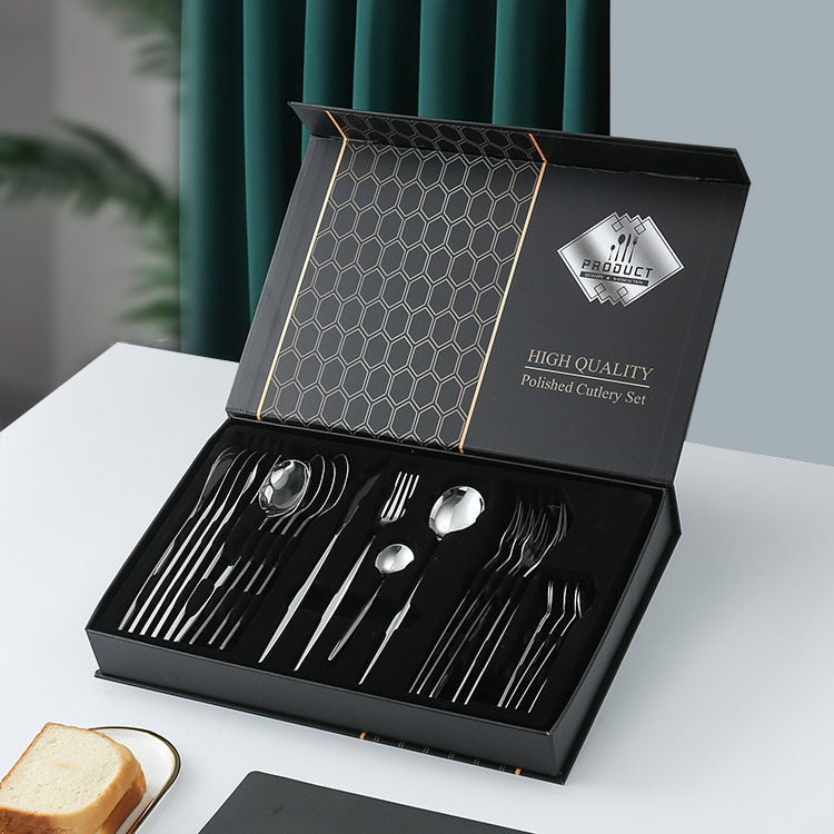 Amazon transfronteriza de 24 piezas de acero inoxidable occidental vajilla traje 1010 cuchillo, tenedor y cuchara de oro natural de almacenamiento en rack caja de regalo