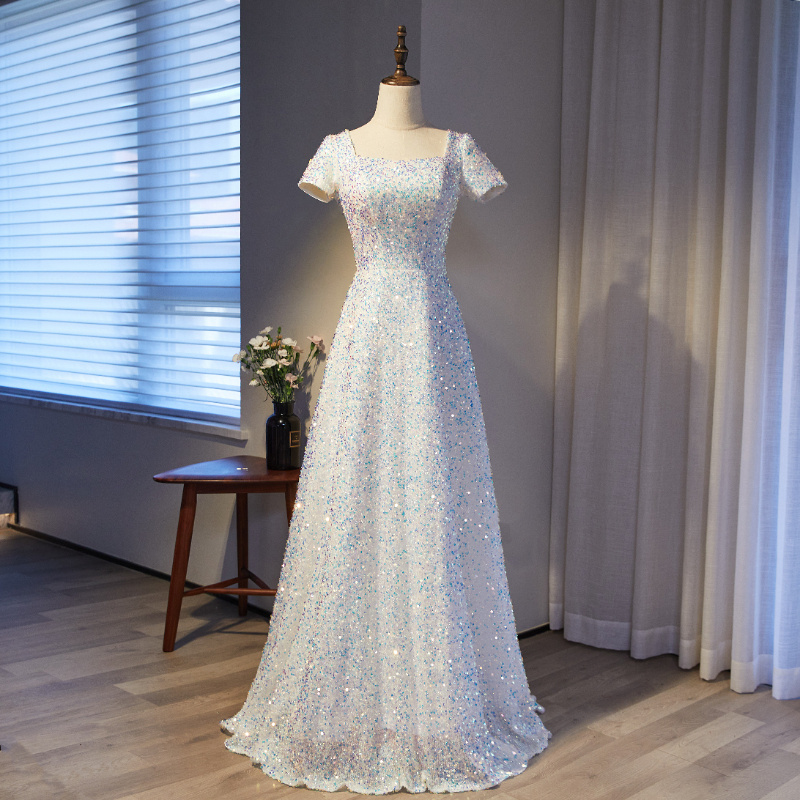 White evening dress, square neckline 2