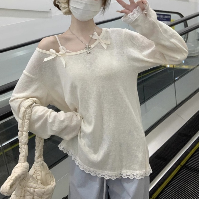 Cute spring elegant lace long-sleeve with bow