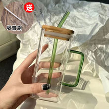 玻璃杯带盖方形子ins高硼硅水吸管耐热家用牛奶咖啡批发跨境