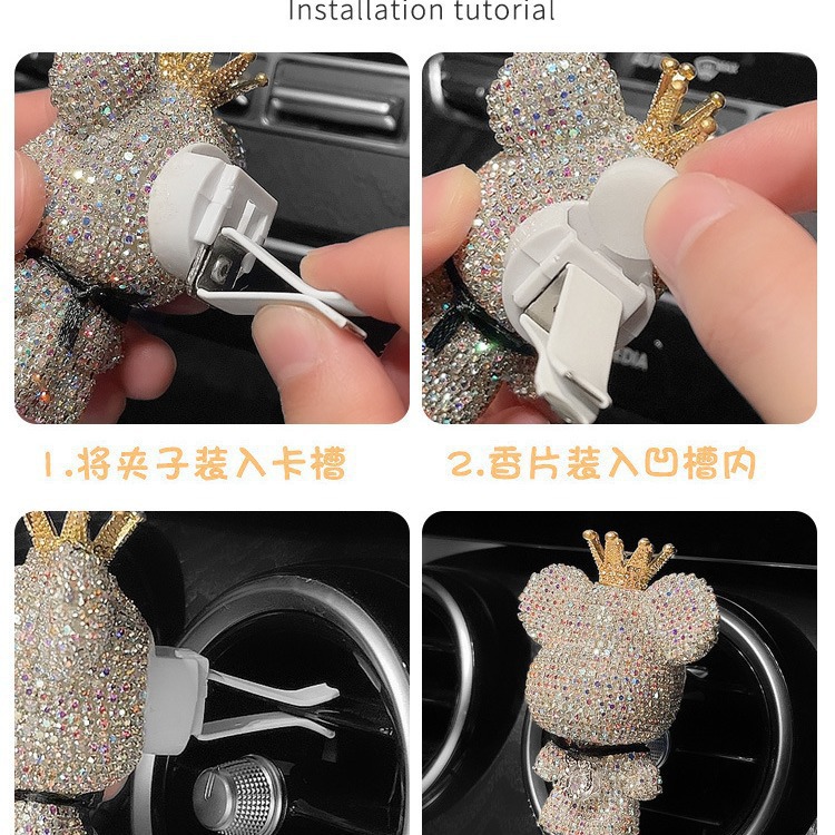 Salida de aire de perfume de automóvil, decoración de automóvil, lindo adorno de oso con diamantes, aromaterapia de aire acondicionado de automóvil femenino, fragancia ligera duradera