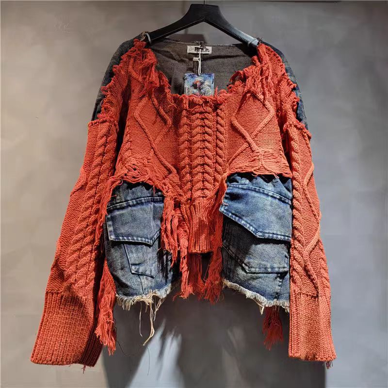 2024 otoño y invierno nuevo jeans de punto de punto overhead suéter de mujer suelta adelgazamiento lavado con agua hacer la vieja tendencia de la camisa
