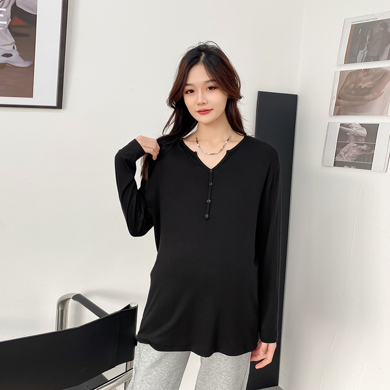 Maternity Wear, Confinement Clothes, T-Shirts, Maternity Bottoming Shirts, Long-Sleeved Large Size Extbottomed V Neck Tops, Pure Color Spring, Summer and Autumn Inner Wear