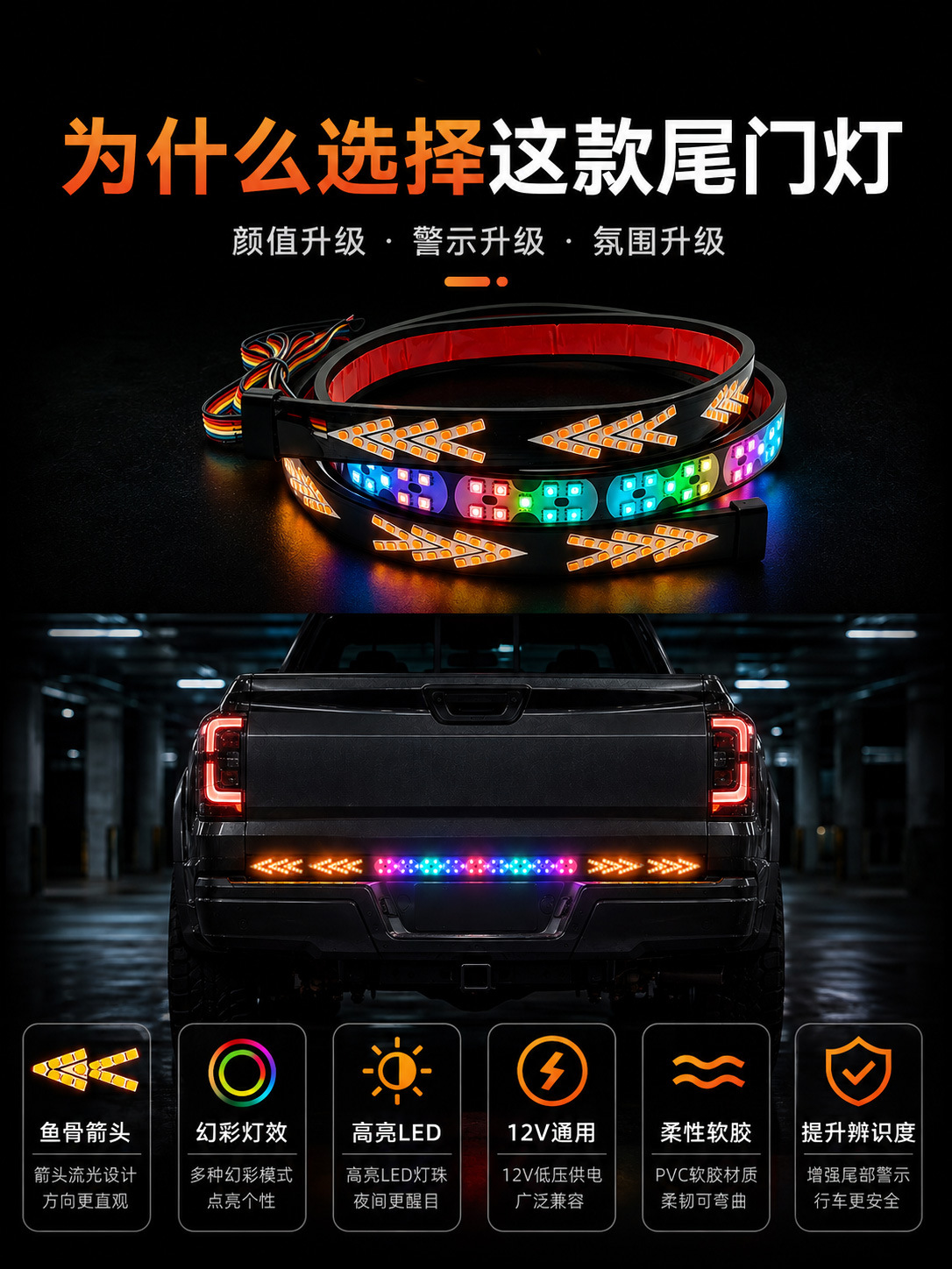 New truck fishbone tail light, multifunctional LED rear light, universal car sequential turn signal light, colorful flowing light
