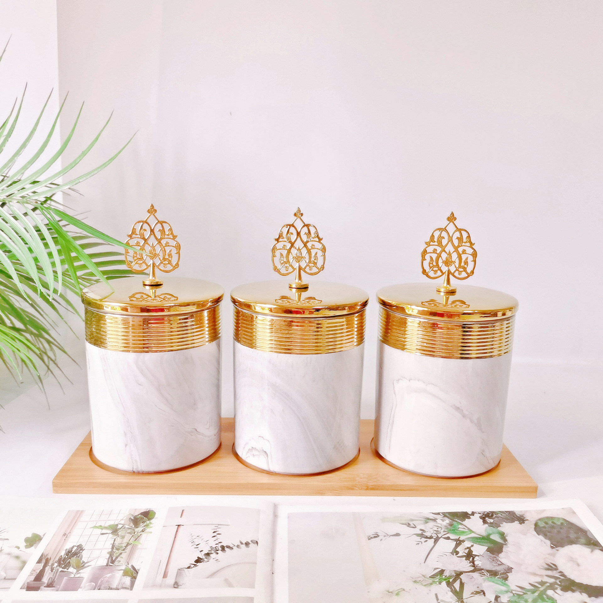 Medio Oriente exportación galvanoplastia sellado tarro cerámica de tres piezas de almacenamiento tarro cocina condimento tarro caramelo tarro café tarro