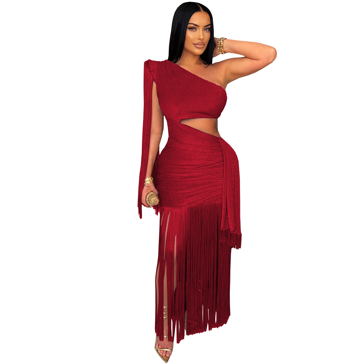 C7428 Cross-border AliExpress Amazon Moda europea y americana Vestido de falda larga con flecos de un solo hombro casual sexy para mujer