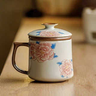 米黄汝窑办公杯芙蓉花开中式陶瓷泡茶杯带盖内胆过滤茶水分离单杯