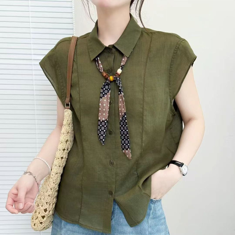 Ramie Flutter Sleeve Shirt 2026 Artistic Simple Solid Color Silk Scarf Decoration Lightweight Versatile Loose Cardigan Top for Women