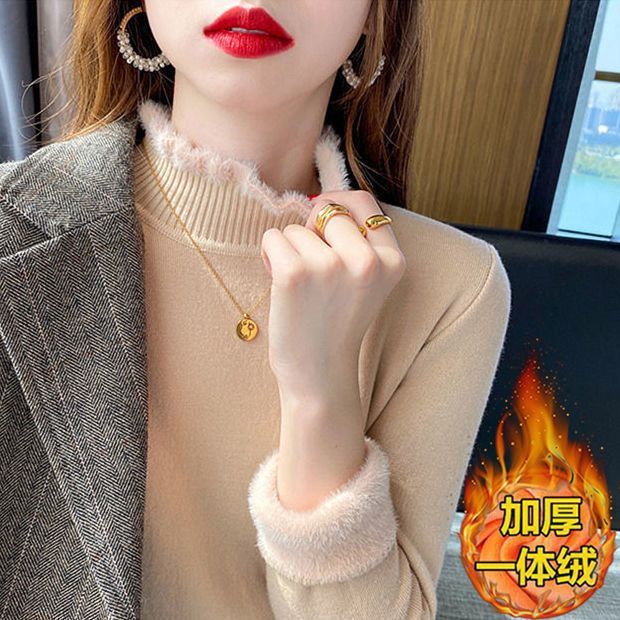 高品质一体绒毛衣女士冬季加绒加厚新款半高领保暖百搭打底衫外穿|undefined