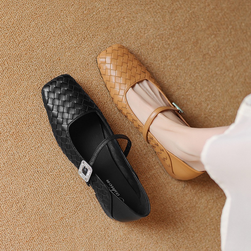 Retro autumn woven Mary Jane shoes low-cut square toe with…