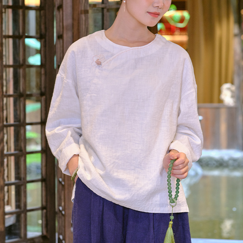 2025棉麻女装秋季新品中式复古亚麻上衣女式手工缝线盘扣衬衫女