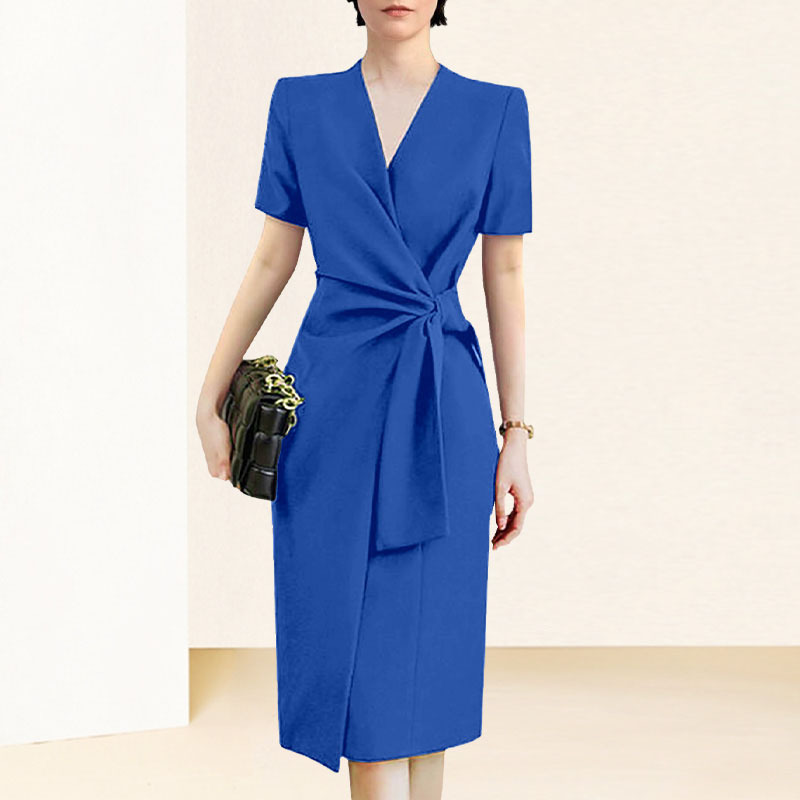 欧美名媛高级感气质蓝色法式连衣裙女装2023新款职业收腰裙子夏季