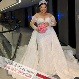 2025新款外贸婚纱礼服 欧美跨境新娘结婚可拆卸蕾丝拖尾婚纱